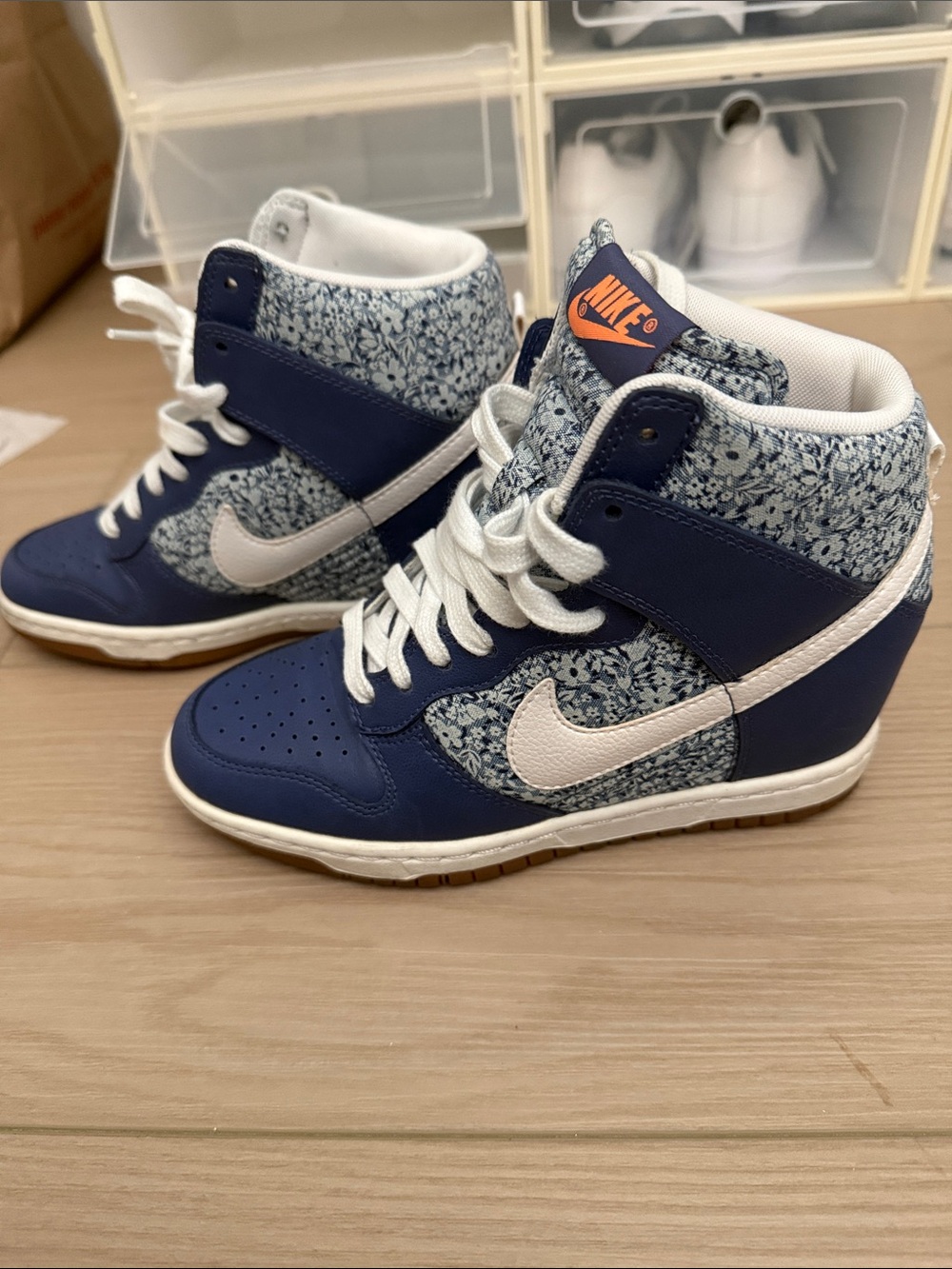 Nike Navy Floral High-Top Wedge Sneakers with White Swoosh